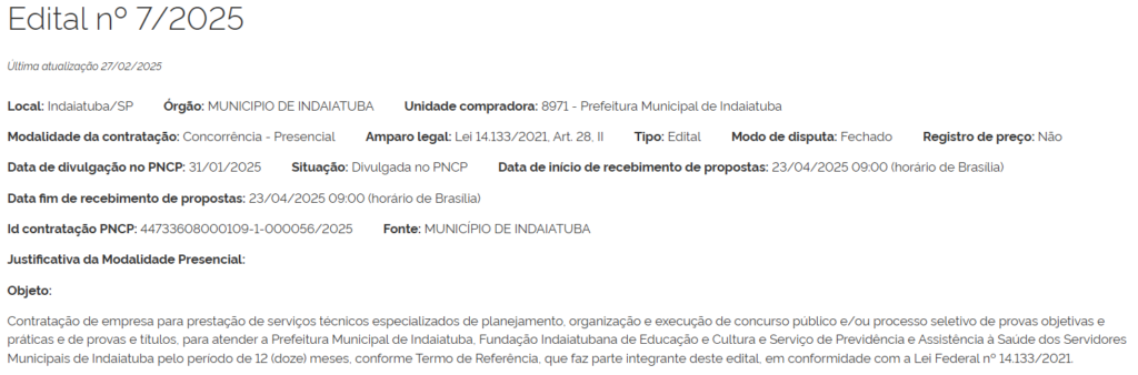 Print do cabeçalho de um documento oficial de abertura de licitação para escolha da banca organizadora do Concurso Público de Indaiatuba 2025